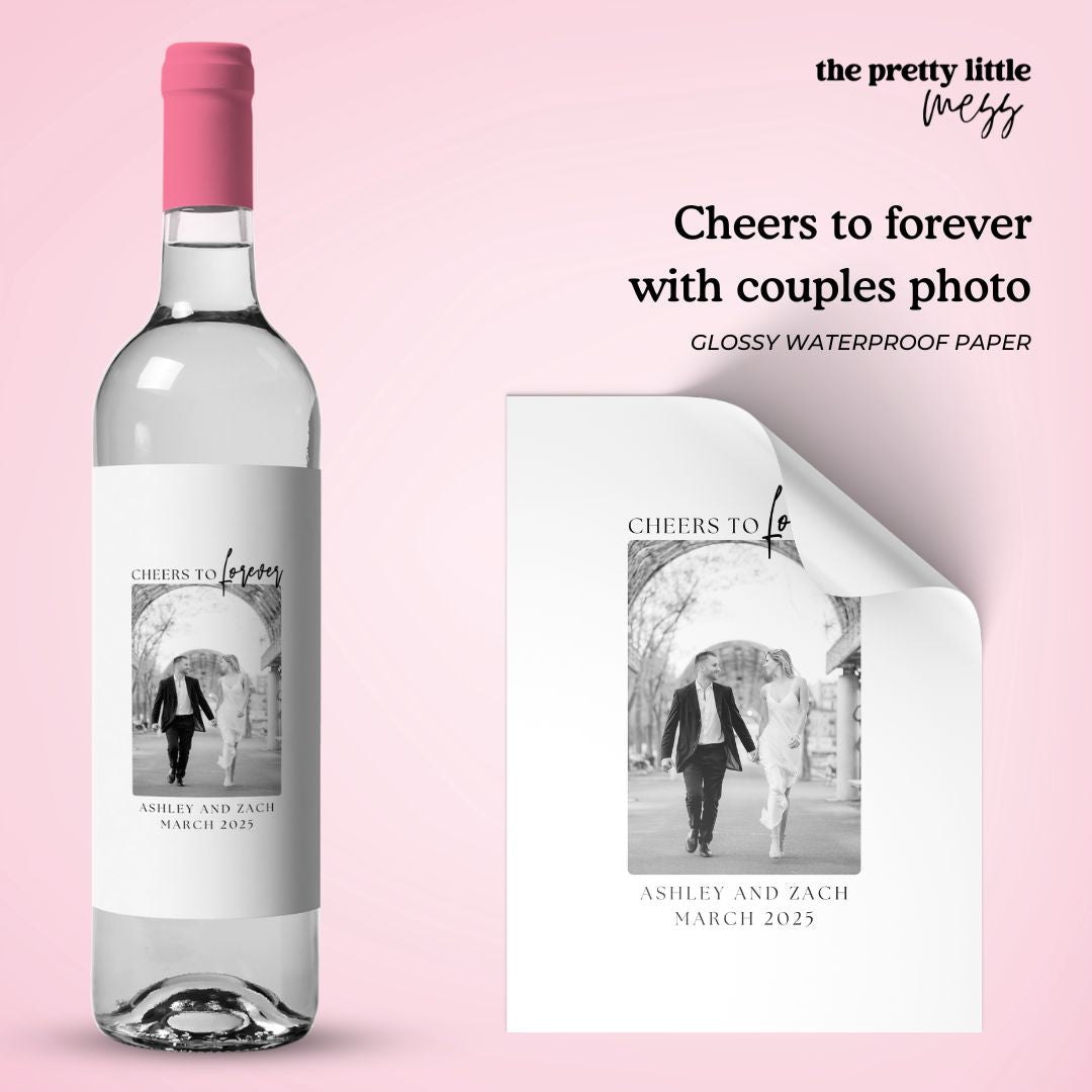 Cheers to forever with couples photo | Engagement Wine Label