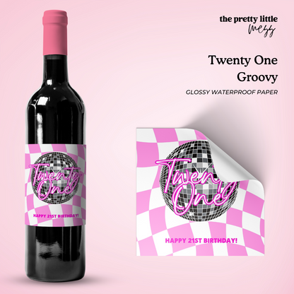 Twenty One Groovy - Checkered Background | Birthday Wine Label